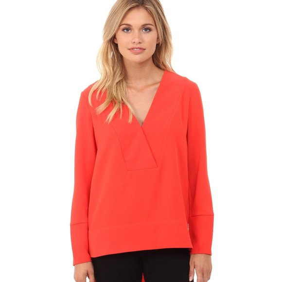 French Connection Arrow Crepe Long Sleeve V-Neck Top in Red - Picture 3 of 4